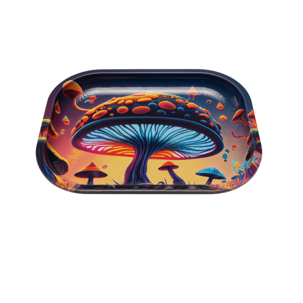 "Roots Glass Mini Rolling Tray with Lid - All Seeing Eye, made of durable metal with a high-quality print and magnetic lid, perfect for rolling and storing your smoking essentials."