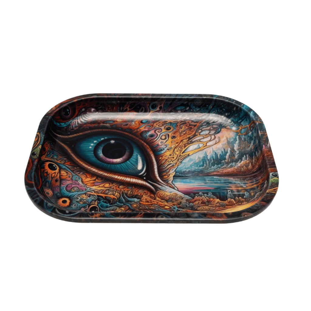 Roots Glass Mini Rolling Tray with Lid - All Seeing Eye, made of durable metal with a high-quality print and magnetic lid, perfect for rolling and storing your smoking essentials.
