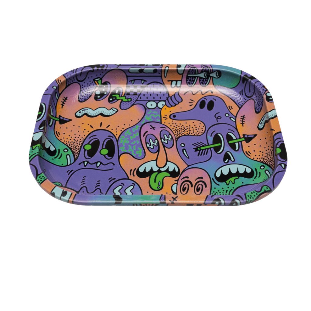 Roots Glass Mini Rolling Tray with Lid - Neon Ghosts, made of durable metal with a high-quality print and magnetic lid, perfect for rolling and storing your smoking essentials.