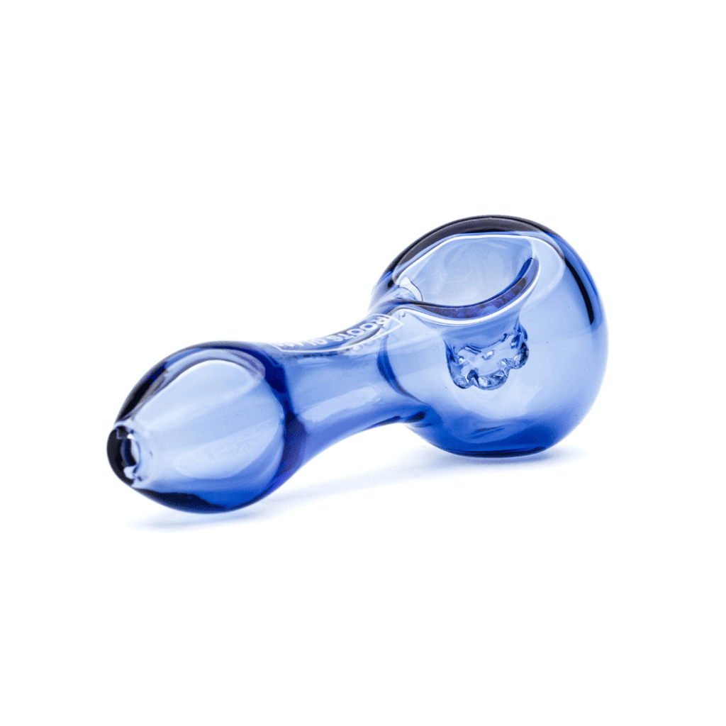Roots Glass Screen Spoon Pipe, a classic and stylish smoking piece with built-in screen bowl and white logo.