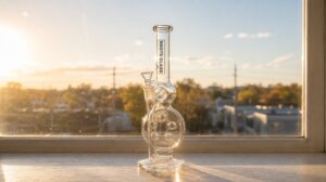 Clear borosilicate Roots Glass Swiss perc tube backlit on a windowsill, a wholesale percolator bong built to sell through.