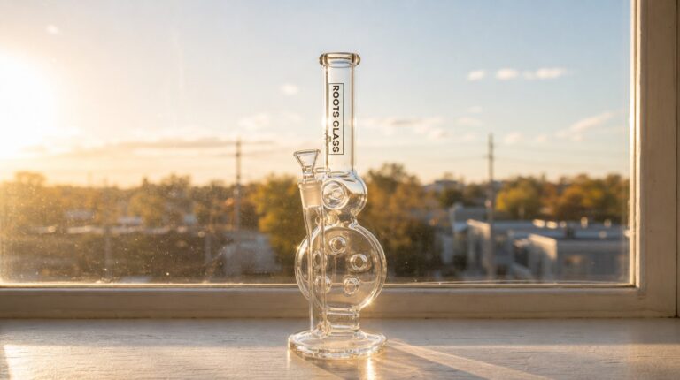 Clear borosilicate Roots Glass Swiss perc tube backlit on a windowsill, a wholesale percolator bong built to sell through.