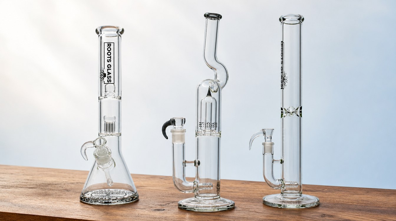 Three Roots Glass bongs on a wooden shelf: a beaker, a showerhead perc and a straight tube