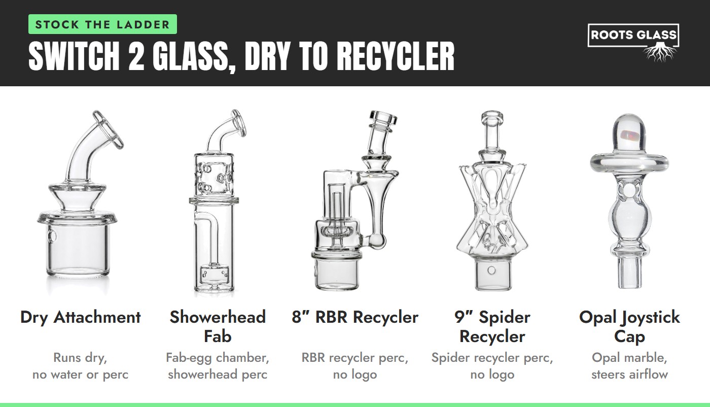Dr. Dabber Switch 2 glass lineup: dry attachment, showerhead fab attachment, Roots Glass 8-inch RBR recycler, Roots Glass 9-inch spider recycler and opal joystick carb cap