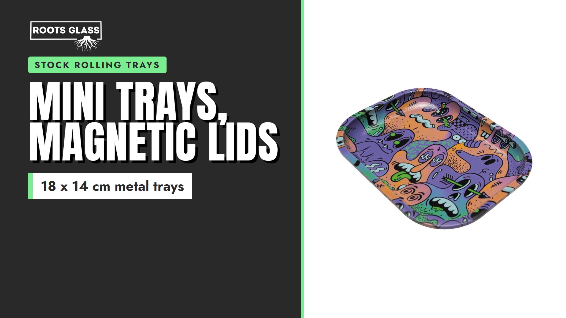 Mini trays, magnetic lids. A printed mini metal rolling tray on a white background. Stock rolling trays.
