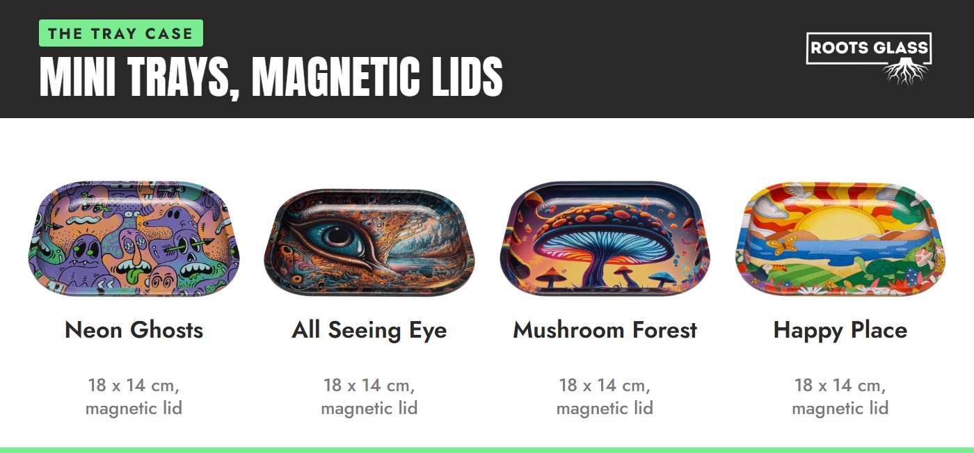 Rolling tray wholesale lineup: four printed mini metal rolling trays, Neon Ghosts, All Seeing Eye, Mushroom Forest and Happy Place, on white