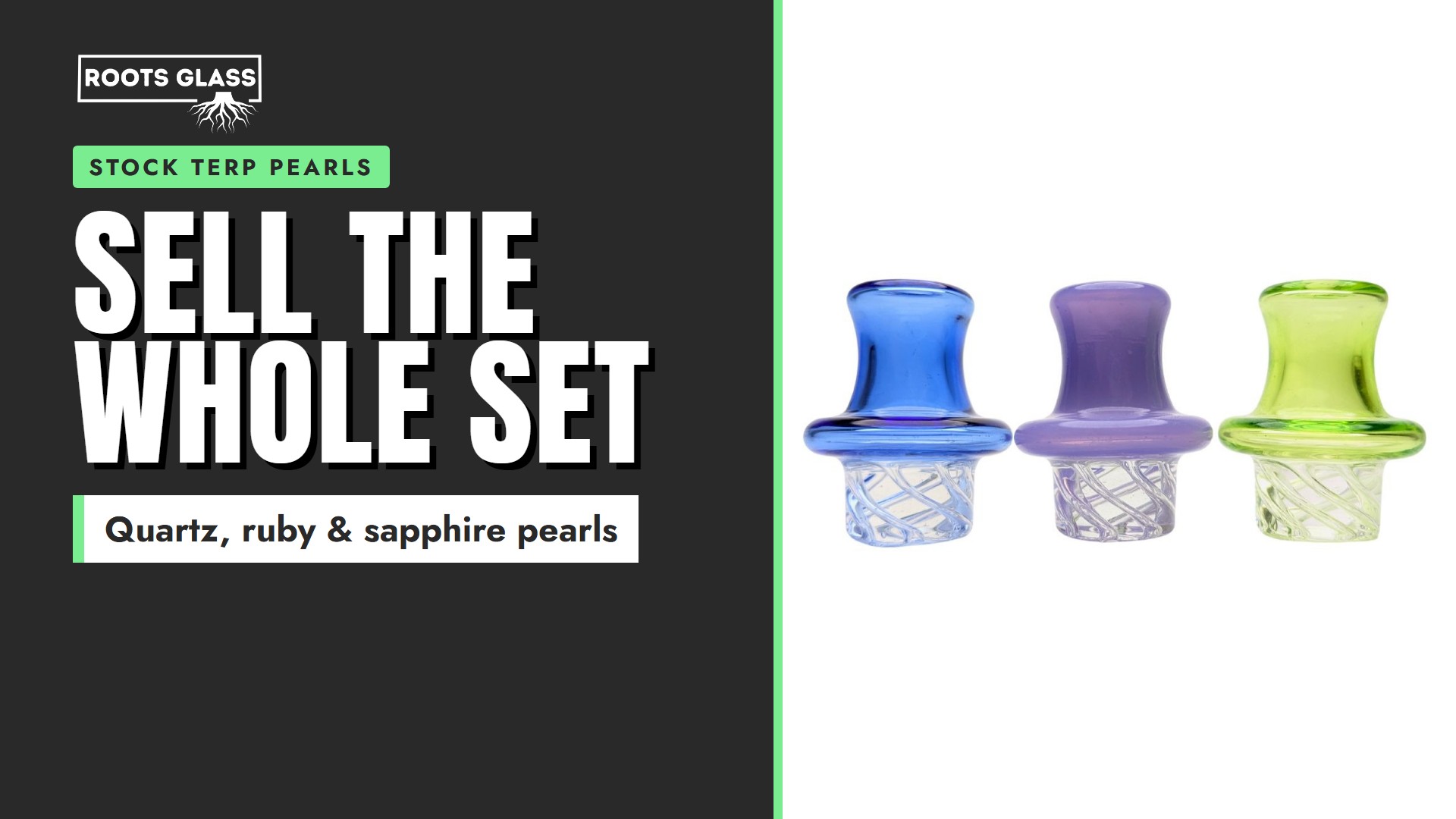 Sell the whole set. Three directional spinner carb caps on a white background. Stock terp pearls.