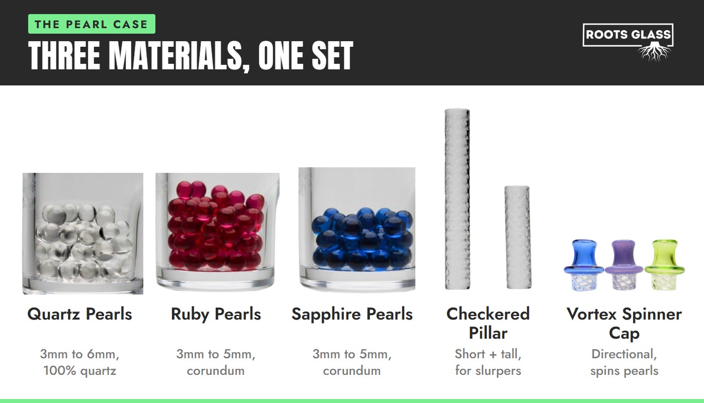 Terp pearls wholesale lineup: quartz, ruby and sapphire pearls, a checkered quartz pillar and directional spinner caps on white