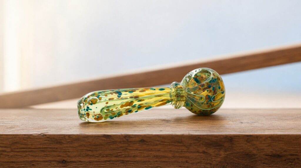 Wholesale pipes on display: a fumed amber speckled glass hand pipe resting on a warm wood ledge in natural window light