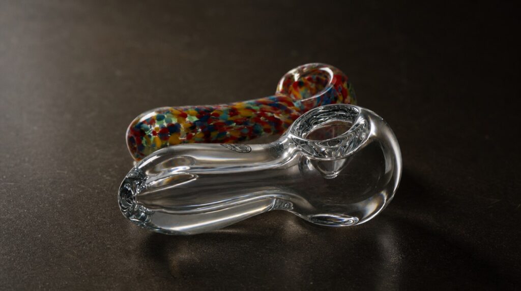 Thick-walled clear glass spoon hand pipe beside a small speckled glass hand pipe on a dark desk