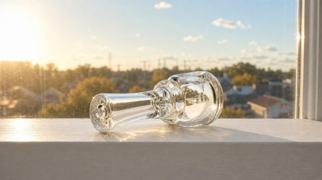 Thick-walled clear glass screen spoon hand pipe lying on a sunlit windowsill, backlight showing the wall thickness