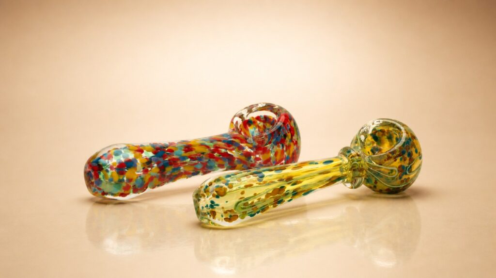 Two small speckled glass spoon hand pipes side by side on a warm beige studio backdrop