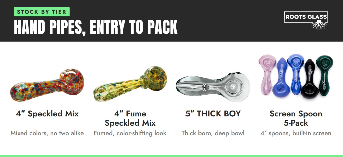Wholesale pipes by tier: a 4-inch speckled hand pipe, a 4-inch fume speckled hand pipe, a 5-inch THICK BOY thick glass hand pipe and a 5-pack of screen spoon pipes