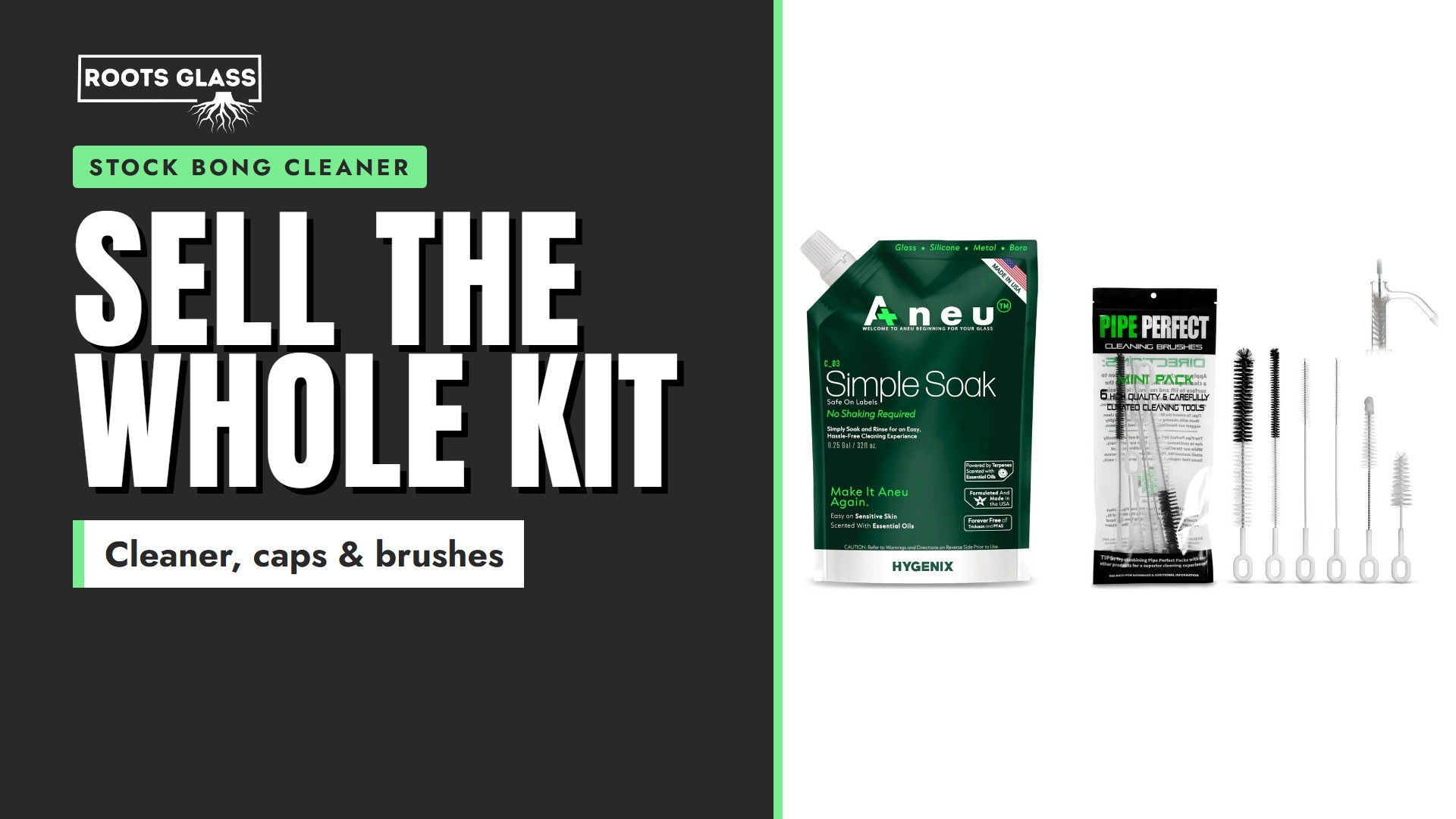 Sell the whole kit. Aneu Simple Soak bong cleaner and a Mini Pipe Perfect brush pack on a white background. Stock bong cleaner.