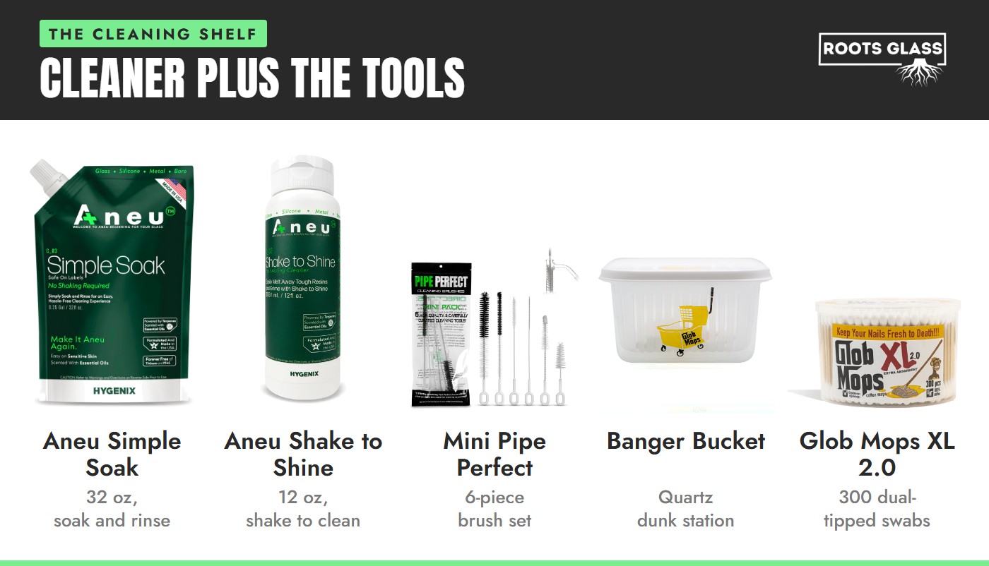 Bong cleaner lineup: Aneu Simple Soak, Aneu Shake to Shine, Mini Pipe Perfect brushes, a Glob Mops banger bucket and Glob Mops XL swabs on white