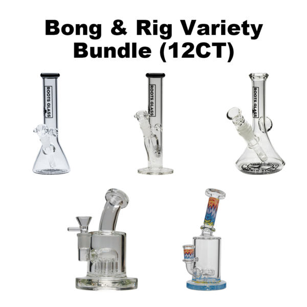 Bong and Rig Variety Bundle 12ct - Roots Glass branded 10 inch beakers, straights and mini rigs