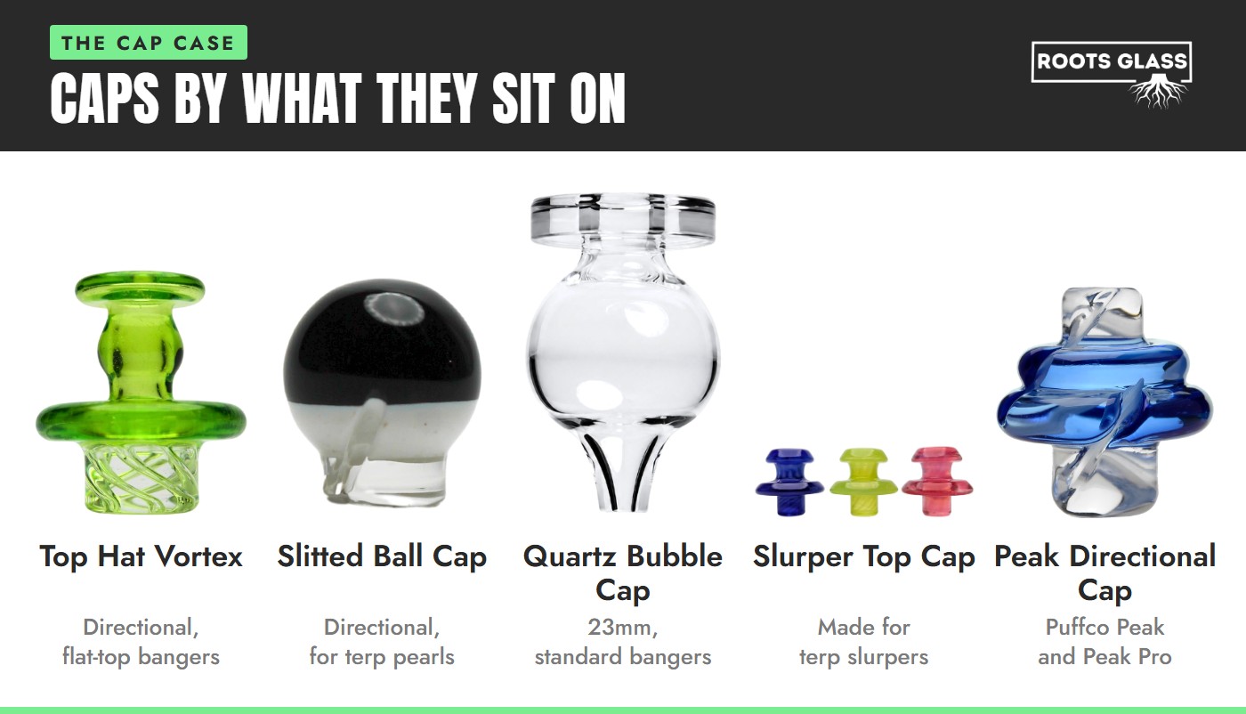 Carb caps lineup: top hat vortex spinner cap, slitted ball directional cap, quartz bubble cap, slurper top caps and a Puffco Peak directional cap on white
