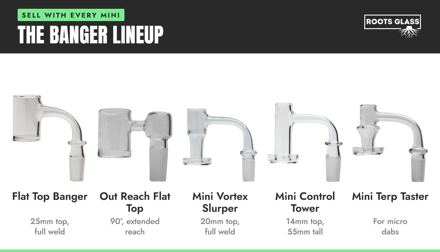 The banger lineup to sell with every mini dab rig: 25mm flat top banger, out reach flat top, mini vortex slurper, mini control tower and mini terp taster on white