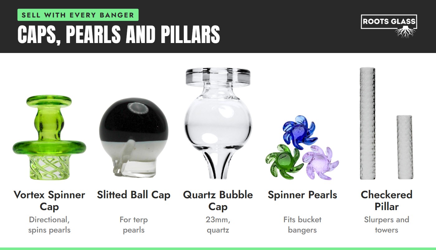 Caps, pearls and pillars to sell with every banger: vortex spinner cap, slitted ball cap, 23mm quartz bubble cap, spinner terp pearls and a checkered quartz pillar on white