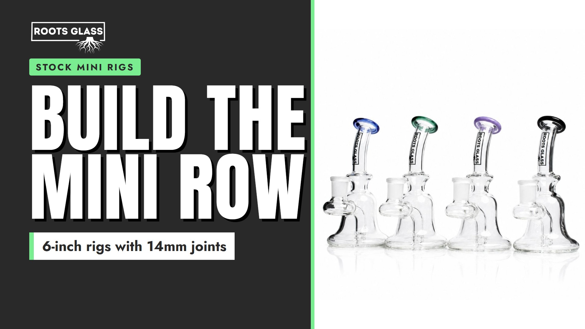 Build the mini row. Four Roots Glass Jammer mini rigs in different lip colors on a white background. Stock mini rigs.