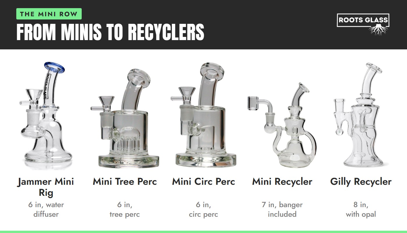 Mini dab rig lineup from minis to recyclers: Jammer mini rig, mini tree perc, mini circ perc, a 7-inch mini recycler and an 8-inch Gilly recycler with opal on white