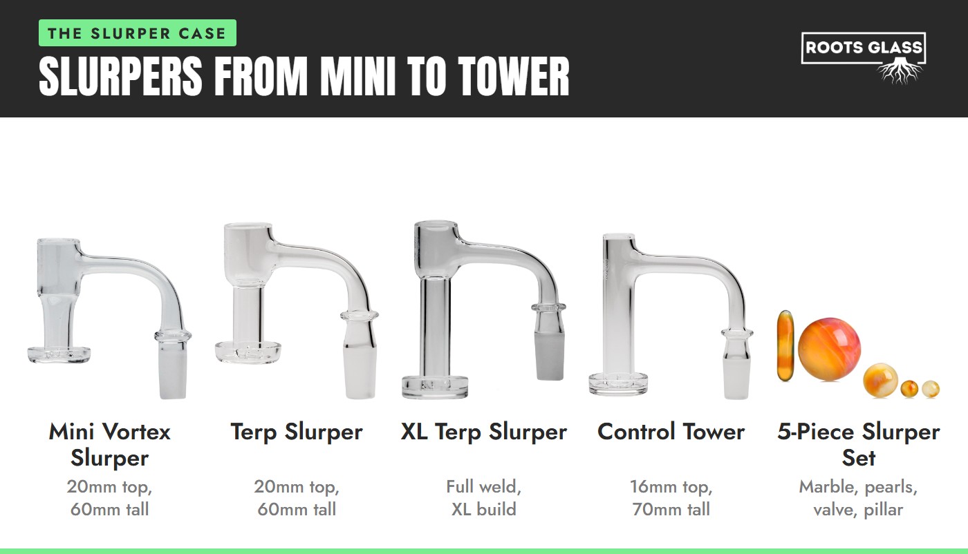 Terp slurper lineup from mini to tower: mini vortex slurper, terp slurper, XL terp slurper, control tower and a 5-piece slurper set on white
