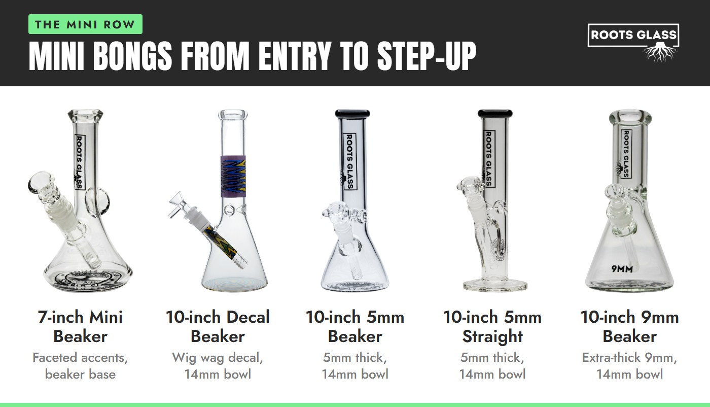 Mini bongs from entry to step-up: 7-inch mini beaker, 10-inch decal beaker, 10-inch 5mm beaker, 10-inch 5mm straight and 10-inch 9mm beaker on white