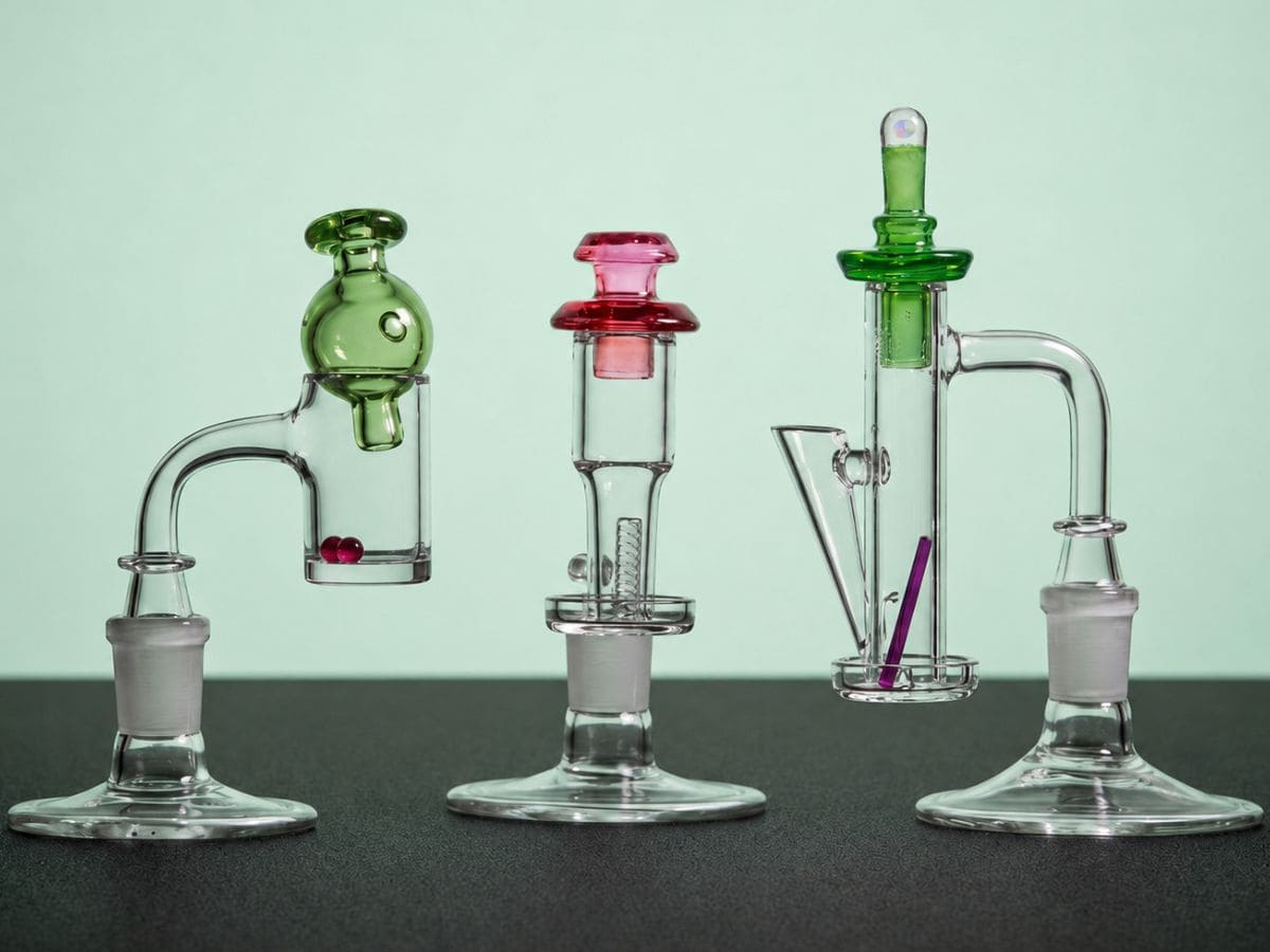 Three quartz bangers with green, pink and green glass carb caps on a mint backdrop